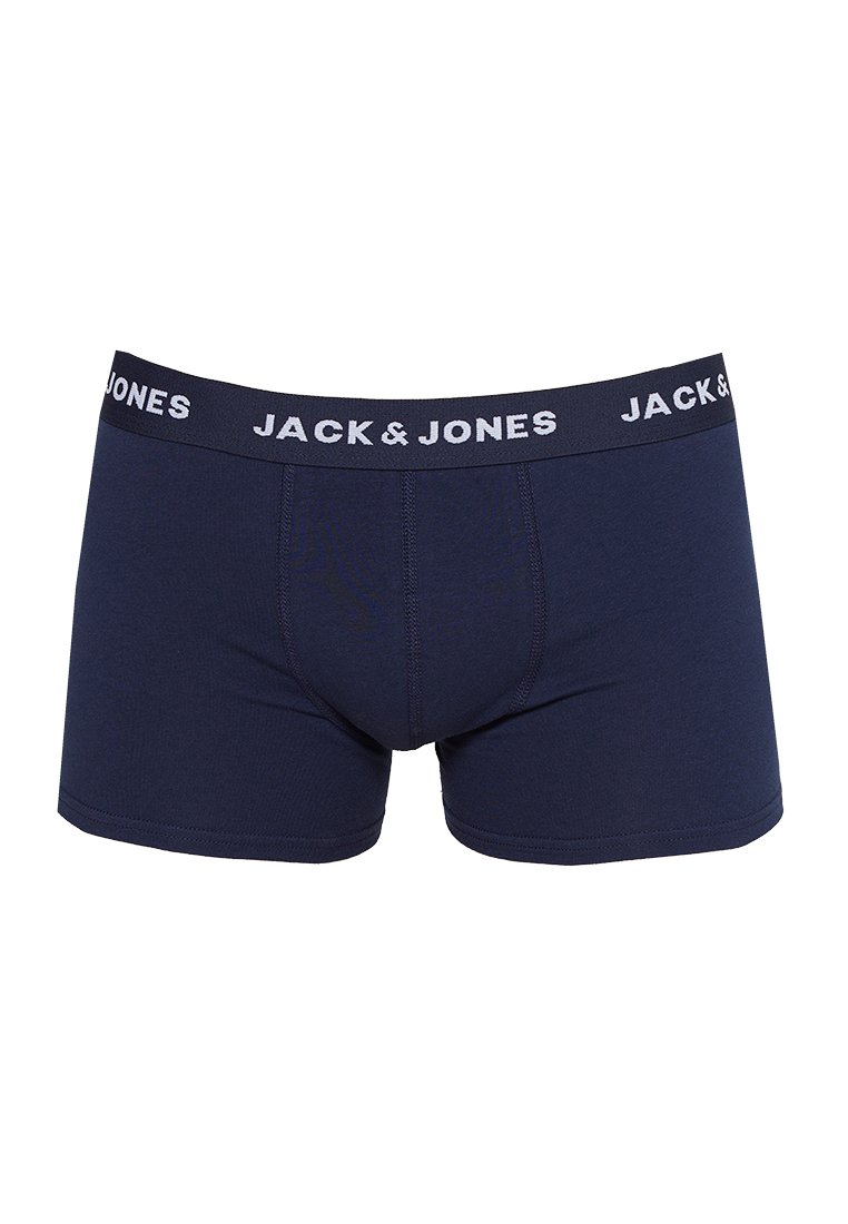 Boxer breifs para hombre en azul marino con cinturilla elástica negra que presenta el logo en blanco "JACK & JONES", con bolsa frontal y detalles de costura.