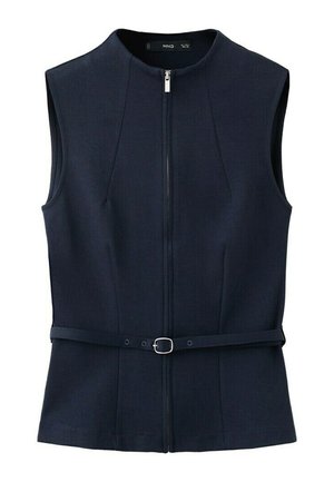 Gilet sans manches bleu marine avec fermeture éclair à l'avant et ceinture assortie équipée d'une petite boucle en argent, coupe ajustée et encolure ronde.
