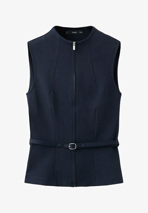 Ärmellose marineblaue Weste mit Frontreißverschluss und passendem Gürtel mit kleiner silberner Schnalle, taillierter Schnitt und rundem Ausschnitt.