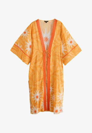 Narancssárga és fehér, kimonó stílusú köntös nap mintákkal, széles ujjakkal és elöl megkötős záródással.