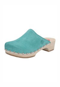 Turquoise suede clogs with a rounded toe, wooden base, and silver stud accents along the edge. Smooth texture and curved design.