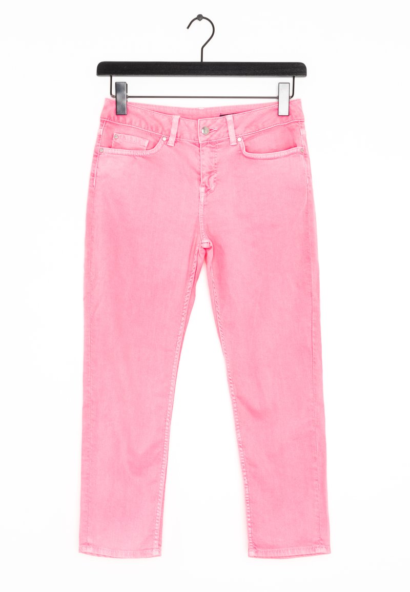 Jeans de denim rosa con corte recto, diseño de cinco bolsillos y detalle de costura visible. Adecuados para uso casual.