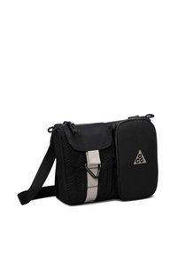Sac bandoulière noir avec deux compartiments zippés, poche en mesh avec rabat et sangle blanche, logo ACG sur la poche avant.