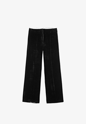 Sorte vide bukser i blødt velourmateriale, der har en glat tekstur, to forlommer og en flad talje med ingen udsmykning.