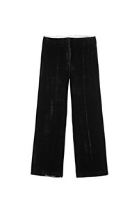 Pantaloni neri a gamba larga in morbido velluto, con una texture liscia, due tasche frontali e un giro vita piatto senza decorazioni.