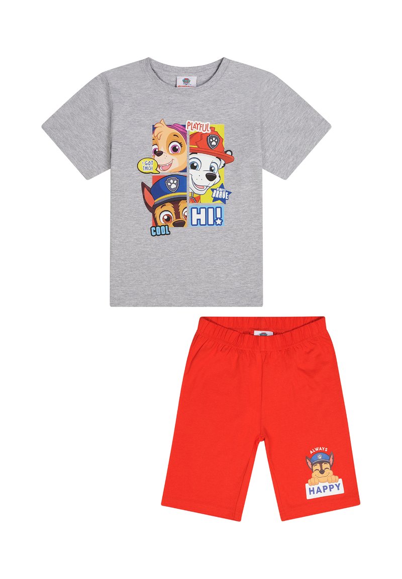 Graues Baumwoll-T-Shirt mit Cartoon-Hundegrafik und Text; rote Baumwollshorts mit illustriertem Hund und dem Text "IMMER GLÜCKLICH".