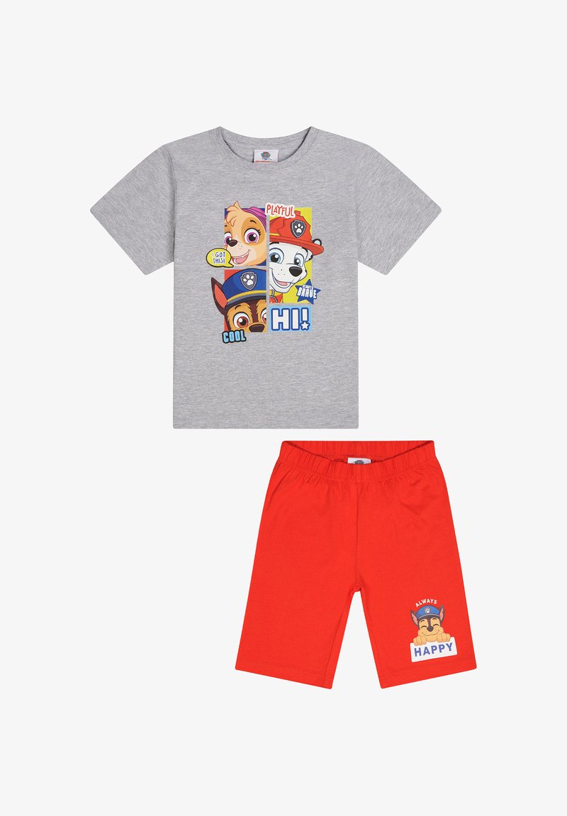 Gray cotton t-shirt with cartoon dog graphics and text; red cotton shorts with an illustrated dog and "ALWAYS HAPPY" text.