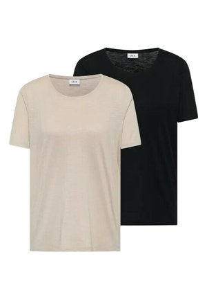 Kortærmede t-shirts med rund hals i beige og sort, lagt fladt med mærkelabel synlig inde i halsudskæringen.
