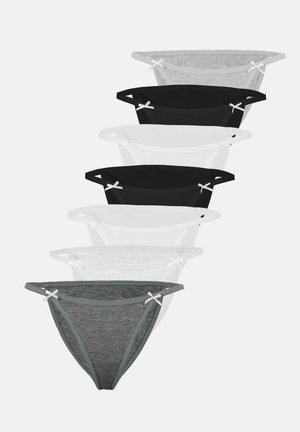 Sept sous-vêtements féminins de style bikini en noir, blanc et gris, empilés verticalement avec de petits nœuds décoratifs sur les côtés de la ceinture.