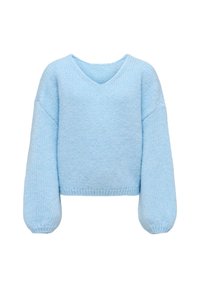 Svetlo modra pletena pulover z V-izrezom, spuščenimi rameni in balon rokavi. Mehka struktura z rebrastim robom in manšetami.