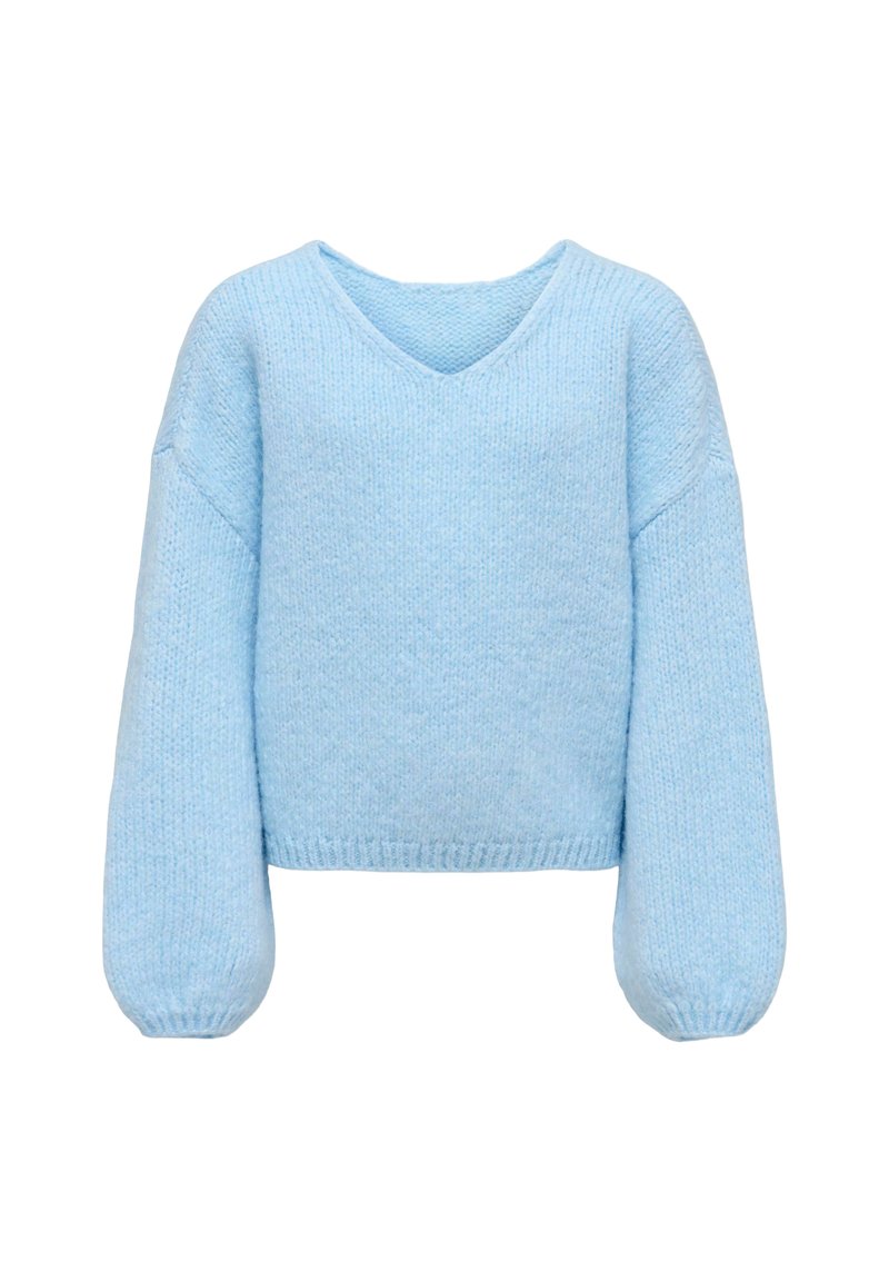 Svetlo modra pletena pulover z V-izrezom, spuščenimi rameni in balon rokavi. Mehka struktura z rebrastim robom in manšetami.