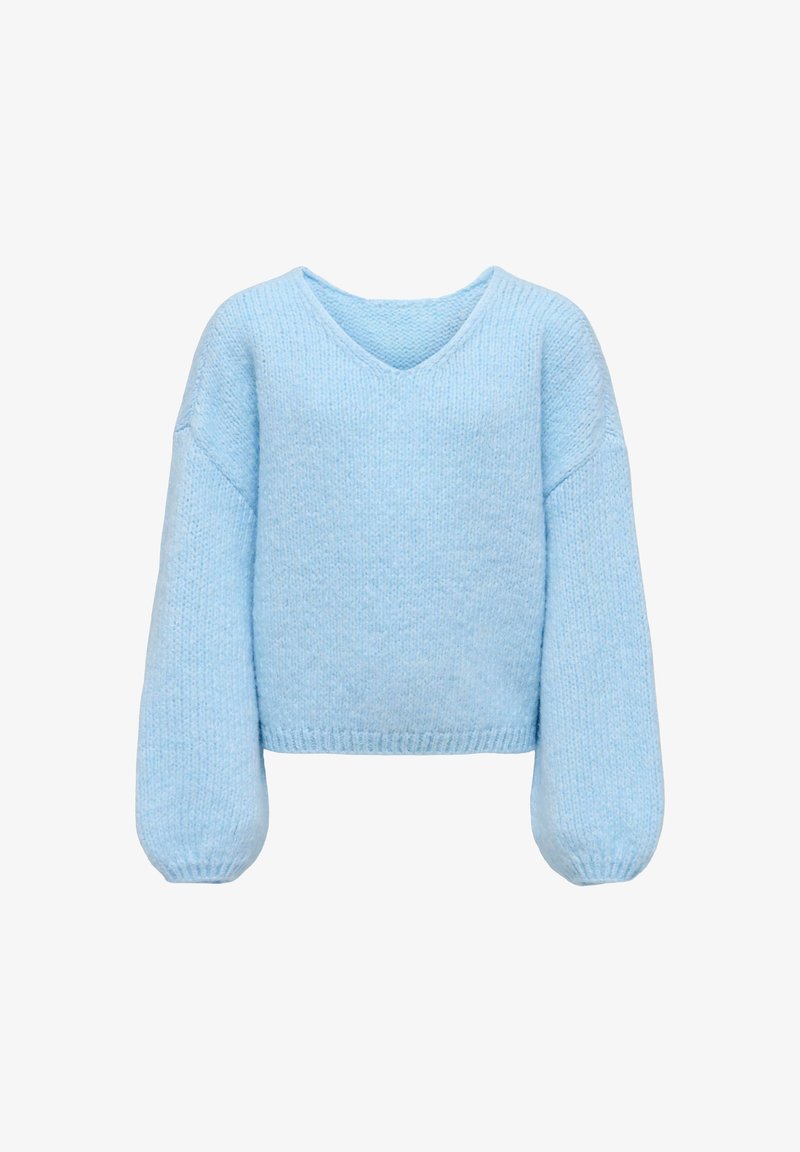 Svetlo modra pletena pulover z V-izrezom, spuščenimi rameni in balon rokavi. Mehka struktura z rebrastim robom in manšetami.