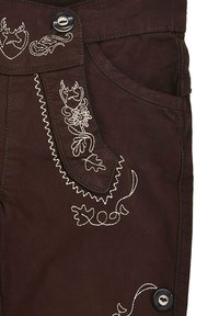 Braune Baumwollhosen mit weißer Blumenstickerei, einer dekorativen Tasche und einem schwarzen Knopfverschluss am unteren Ende.