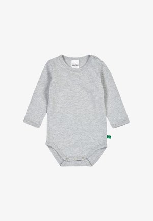 Dětský bodysuit s dlouhým rukávem v světle šedé bavlně, s kulatým výstřihem, patentkami ve spodní části a malou zelenou značkou.