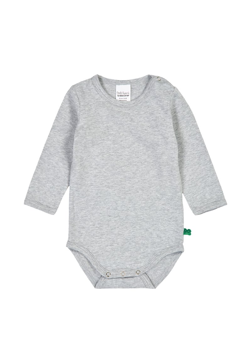 Body per neonati a maniche lunghe in cotone grigio chiaro, con scollatura rotonda, chiusure a pressione sul fondo e un piccolo tag verde di accento.
