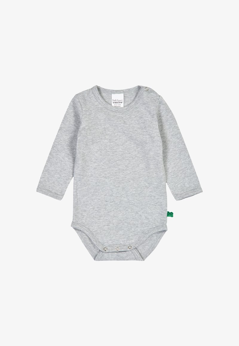 Dětský bodysuit s dlouhým rukávem v světle šedé bavlně, s kulatým výstřihem, patentkami ve spodní části a malou zelenou značkou.