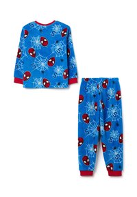 Blaues Fleece-Schlafanzug-Set mit Spider-Man-Gesichtern und Spinnennetzmustern. Langärmliges Oberteil mit roten Manschetten und passende Hose mit elastischem Bund.