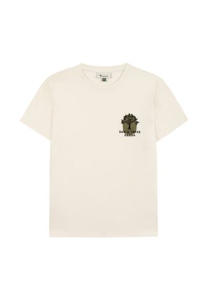 T-shirt à manches courtes couleur crème avec un petit motif d'arbre et de soleil, et le texte « SUN & TREES FAGUO » sur le côté gauche de la poitrine.