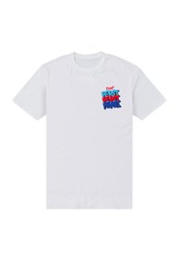 Bílý bavlněný tričko s barevným grafickým motivem na levé části hrudi, s výrazným nápisem "Pij! PEPSI." Text je v modré, červené a černé barvě.