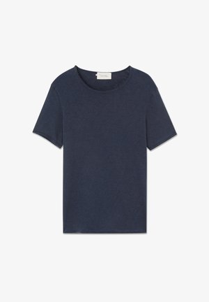 Navy blue short-sleeve T-shirt made from soft cotton. Features a round neckline and a relaxed fit with a smooth texture and minimal stitching details.