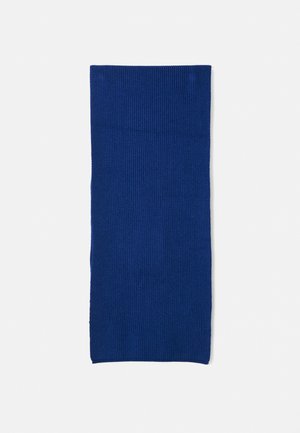 Blue ribbed scarf with a rectangular shape. Made of soft fabric, featuring a textured surface with a uniform color throughout.