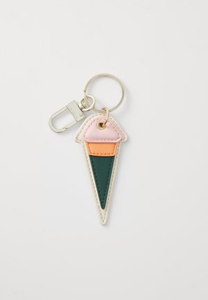 Leather ice cream cone keychain in pink, orange, and green with a gold metal ring and clip attachment, featuring detailed stitching.