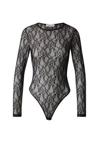 Zwarte kanten bodysuit met lange mouwen, bloemenpatroon, hoge hals en drukknoopsluiting aan de onderkant. Doorzichtige stof met een textuurdesign.