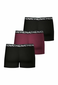 Trois paires de boxers : un noir, un bordeaux et un noir, dotés d'une large ceinture élastique avec une marque répétée.