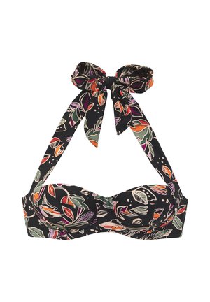 Haut de bikini noir avec un motif floral en orange, vert et violet, avec un design bandeau et des bretelles ajustables.
