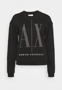 Svart sweatshirt med "AX" och "Armani Exchange" tryckt i vitt med en strassdetalj på framsidan; ribbade muddar och nederkant.
