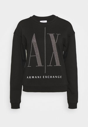 Sort sweatshirt med "AX" og "Armani Exchange" trykt i hvid med rhinsten-detalje på forsiden; ribbede mansjetter og kant.