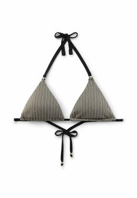 Top de bikini triangular a rayas blancas y negras con lazos ajustables en el cuello y la espalda, con adornos de cuentas doradas ornamentadas.