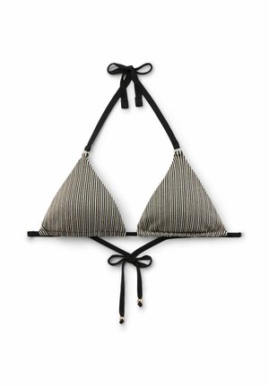 Schwarz-weiß gestreifter, dreieckiger Bikini-Oberteil mit verstellbaren Bändern am Hals und Rücken, verziert mit kunstvollen goldenen Perlenakzenten.