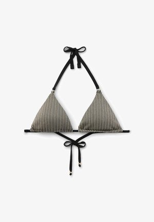 Schwarz-weiß gestreifter, dreieckiger Bikini-Oberteil mit verstellbaren Bändern am Hals und Rücken, verziert mit kunstvollen goldenen Perlenakzenten.