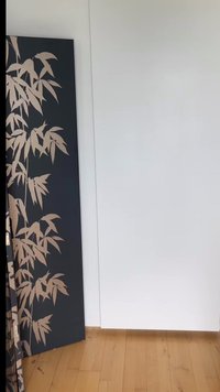 Μερικώς ανοιχτή μαύρη χωρίστρα με μπεζ μοτίβα φύλλων μπαμπού στέκεται σε ξύλινο πάτωμα δίπλα σε έναν απλό λευκό τοίχο.