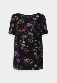 Top preto de mangas curtas com um padrão floral multicolorido, apresentando detalhes em roxo, rosa e verde. Tecido suave com decote arredondado.