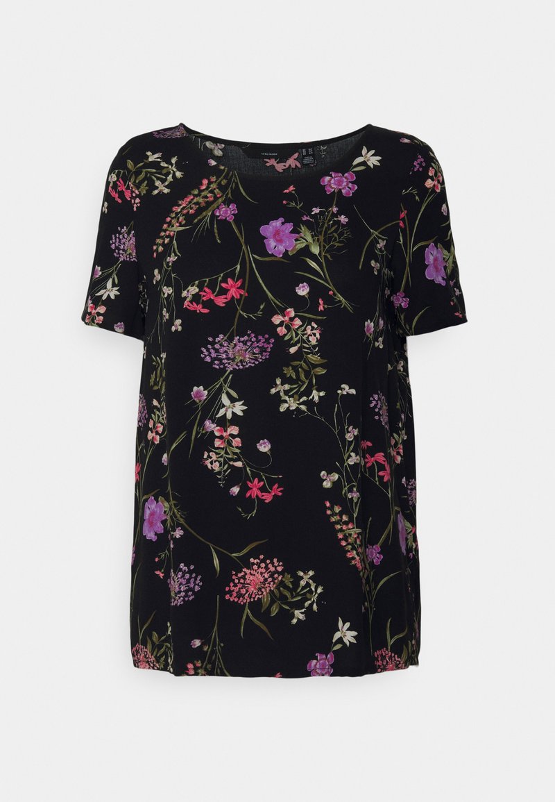 Top preto de mangas curtas com um padrão floral multicolorido, apresentando detalhes em roxo, rosa e verde. Tecido suave com decote arredondado.