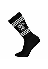 Calcetines negros de color sólido, con un logo de los Raiders en la parte frontal y tres rayas blancas horizontales en la parte superior. Diseño clásico.