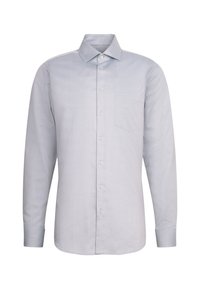 Camicia a maniche lunghe blu chiaro realizzata in tessuto testurizzato, con apertura a bottoni sulla parte anteriore, taschino sul petto e un classico design del colletto.