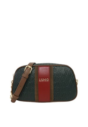 Borsa a tracolla nera testurizzata con strisce verticali marroni e rosse e logo oro "Liu Jo", con tracolla marrone regolabile e hardware dorato.