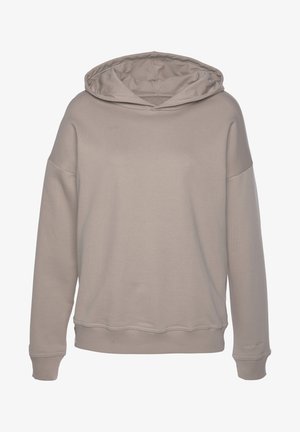 Light beige hooded sweatshirt made of soft fabric, featuring a relaxed fit, ribbed cuffs, and a textured surface.