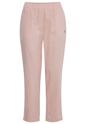 Light pink, elastic-waist pants made of a soft, lightweight material. Straight leg design with a small logo accent on the side.