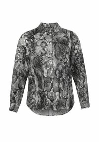 Langärmliges Hemd mit Knopfleiste im Schwarz-, Weiß- und Grauton Schlangenhautmuster und spitzen Kragen.
