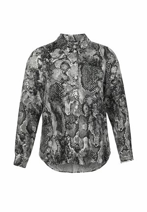 Chemise à manches longues, boutonnée, avec un motif en peau de serpent noir, blanc et gris, et un col pointu.