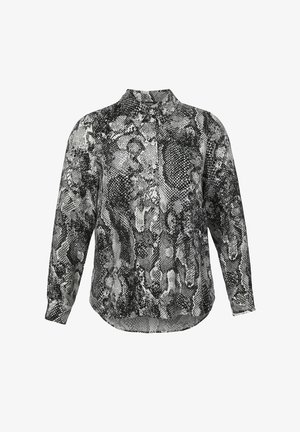 Long-sleeve button-up shirt with black, white, and gray snakeskin pattern and pointed collar.