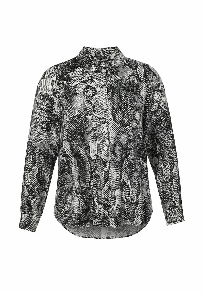 Langärmliges Hemd mit Knopfleiste im Schwarz-, Weiß- und Grauton Schlangenhautmuster und spitzen Kragen.