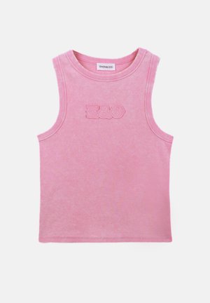 Maiou roz fără mâneci, cu dungi, cu logo-ul "E&O" brodat în relief pe piept și cu decolteu rotund.