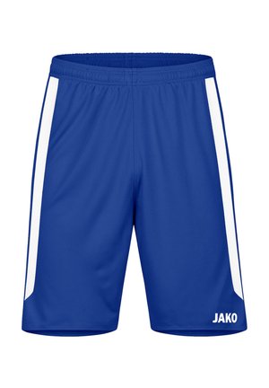 Niebieskie spodenki sportowe z białymi paskami po bokach i elastycznym pasem, z logo JAKO na dolnej części prawej nogawki.
