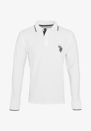 Weißes langärmeliges Polohemd mit schwarzem Besatz an Kragen und Bündchen, mit einem schwarzen, gestickten Polo-Spieler-Logo auf der linken Brust.