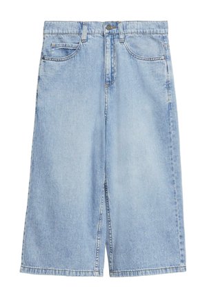 Jasnoniebieskie szorty dżinsowe do kolan z guzikiem z przodu, suwakiem, szlufkami na pasek i stylem z pięcioma kieszeniami.